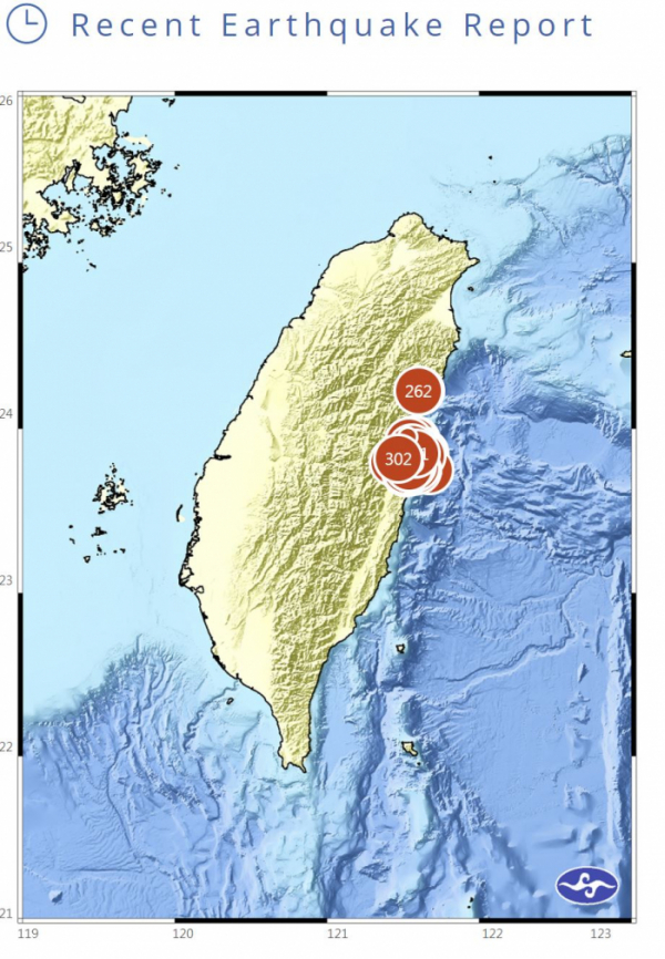 ▲대만 화롄현 남쪽 29km 해역에서 23일(현지시간) 새벽에 규모 6.0의 지진이 발생했다. 출처 대만중앙기상서