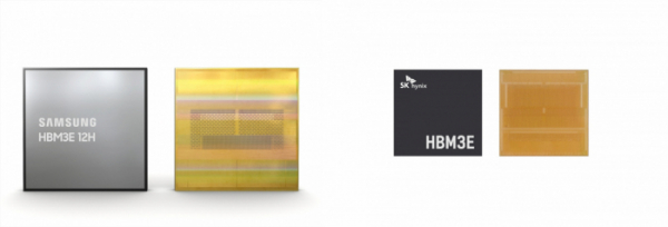 ▲삼성전자 12단 HBM3E(왼쪽)와 SK하이닉스 HBM3E(오른쪽) (자료제공=각 사)