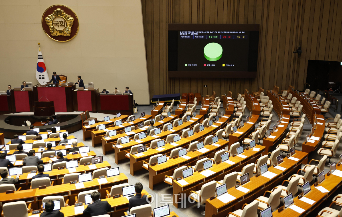 ▲2일 서울 여의도 국회에서 열린 제414회(임시회) 제1차 본회의에서 순직 해병 수사 방해 및 사건 은폐 등의 진상규명을 위한 특별검사의 임명 등에 관한 법률안이 가결되고 있다. 조현호 기자 hyunho@