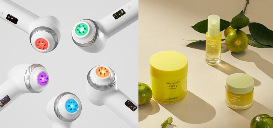 ▲메디큐브 뷰티 디바이스 '에이지알 울트라튠'과 클리오 '구달' 제품. (사진제공=에이피알·클리오)