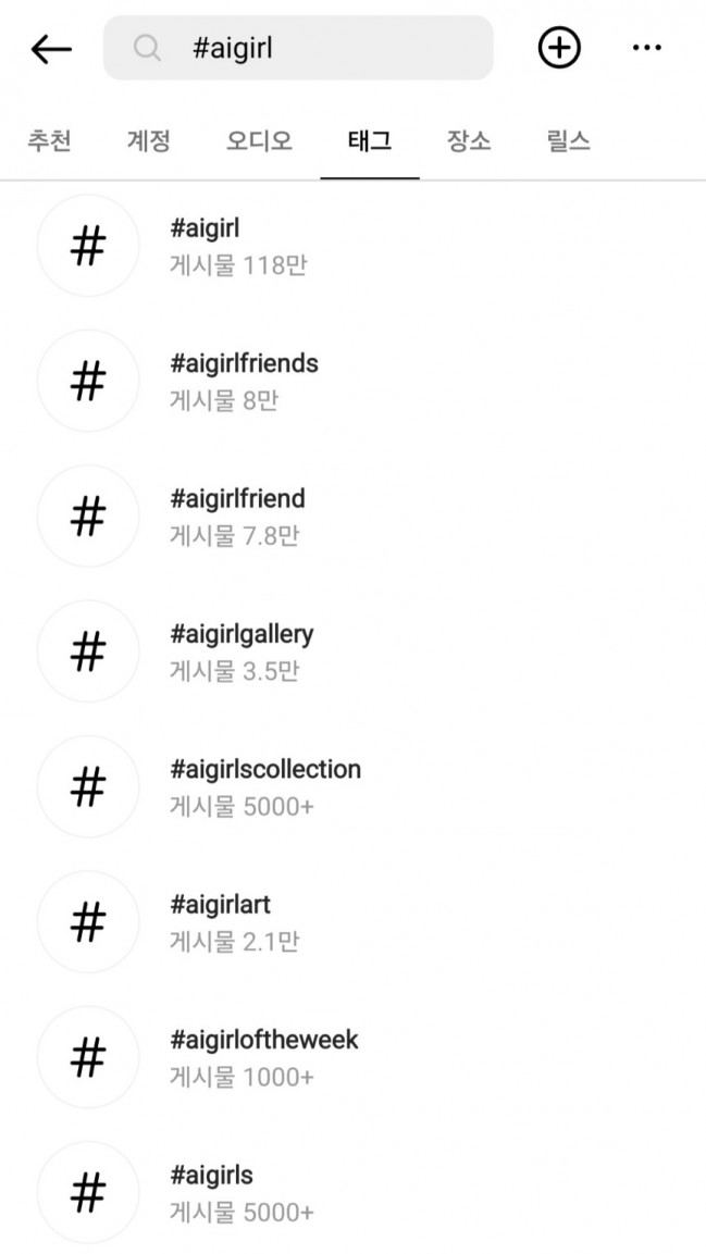▲17일 인스타그램에서 ‘aigirl(에이아이걸)’을 검색하자 약 118만 개의 게시물이 나왔다. 대부분 게시물은 가상의 여성을 생성해 특정 신체부위를 부각하는 등 음란 게시물이었다. (인스타그램 화면 캡처)
