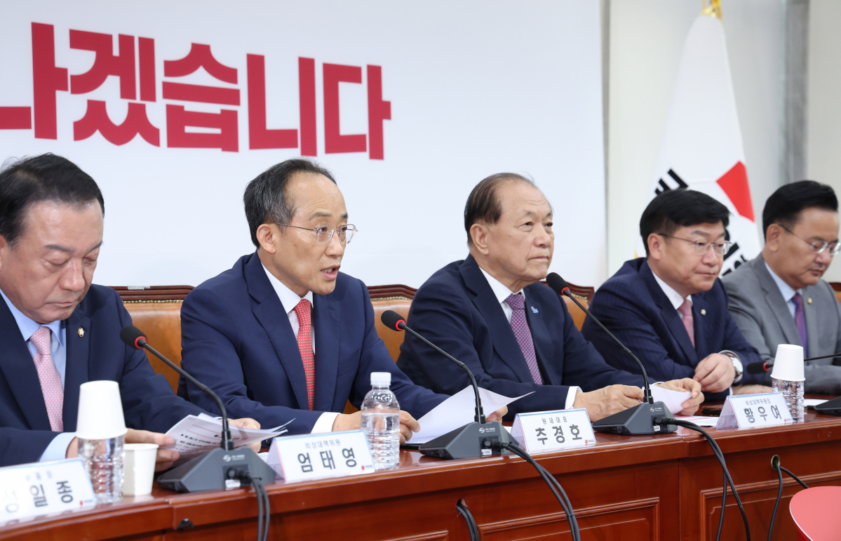 ▲추경호 국민의힘 원내대표가 20일 서울 여의도 국회에서 열린 국민의힘 제3차 비상대책위원회의에서 발언하고 있다. (뉴시스)