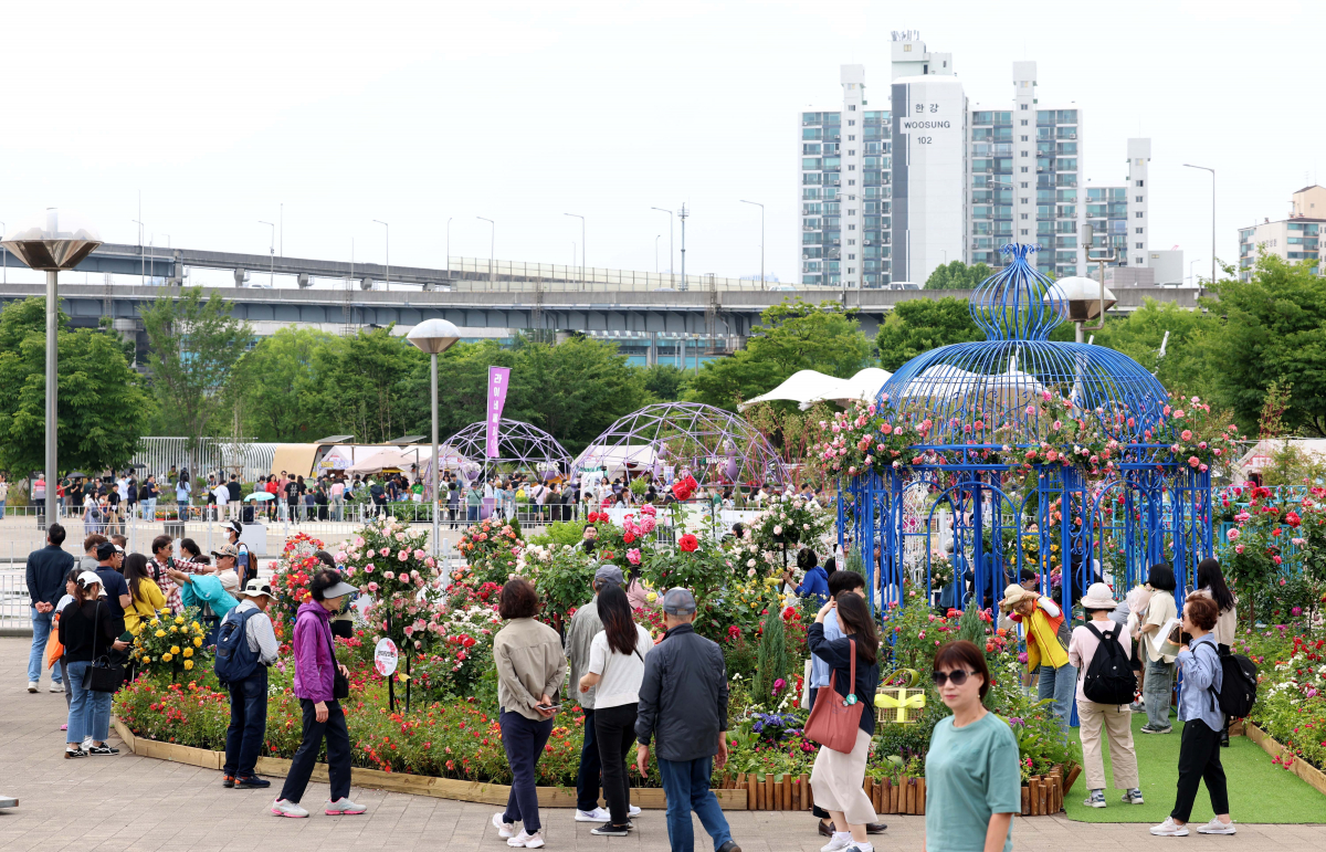 ▲25일 서울 광진구 뚝섬한강공원 일대에서 열린 ‘2024 서울국제정원박람회’를 찾은 시민들이 싱그러운 계절의 정취를 만끽하고 있다. 신태현 기자 holjjak@