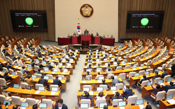 ▲2일 오후 서울 여의도 국회에서 열린 제414회 국회(임시회) 제1차 본회의에서 국민의힘 의원들이 퇴장한 가운데 순직 해병 수사 방해 및 사건 은폐 등의 진상규명을 위한 특별검사의 임명 등에 관한 법률안이 가결되고 있다. 2024.05.02.  (뉴시스)