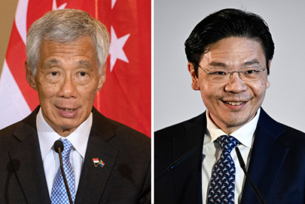 ▲리셴룽(왼쪽) 싱가포르 총리와 로런스 웡 총리 내정자. AFP연합뉴스