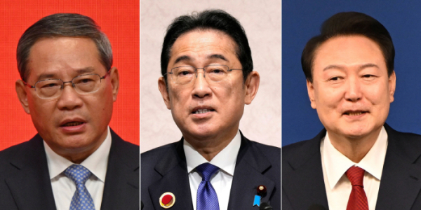 ▲왼쪽부터 리창 중국 총리, 기시다 후미오 일본 총리, 윤석열 대통령. AFP연합뉴스