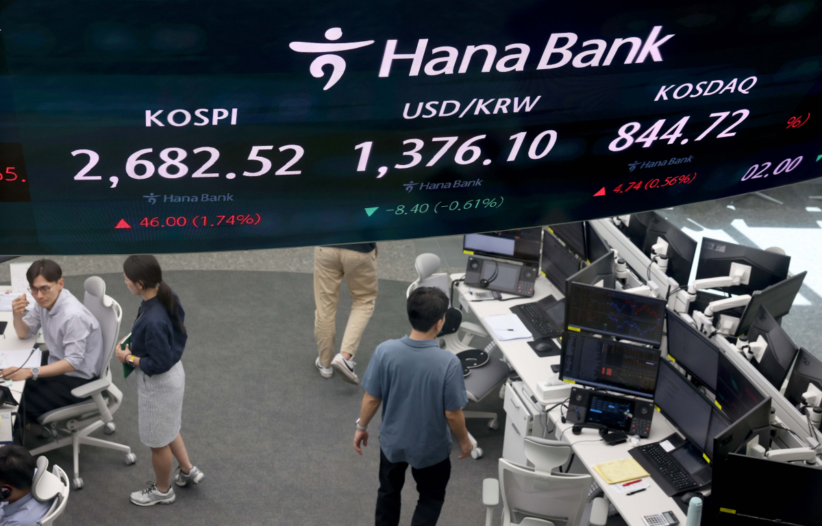 ▲코스피가 대형 우량주 중심으로 외국인과 기관의 매수세가 집중, 급등 마감한 3일 서울 중구 하나은행 딜링룸에서 관계자들이 업무를 보고 있다. 이날 코스피 지수는 전 거래일 대비 45.93포인트(1.74%) 오른 2682.45로 장을 마감했고 원·달러 환율은 전일 대비 8.40원(0.61%) 내린 달러당 1376.10원에 거래를 마쳤다. 신태현 기자 holjjak@