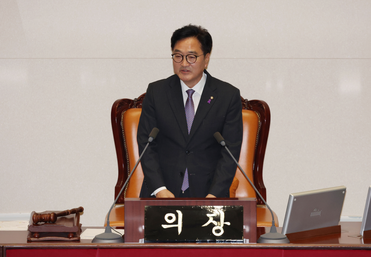 ▲우원식 신임 국회 의장이 5일 서울 여의도 국회에서 열린 제415회국회(임시회)에서 의장 당선 인사를 하고 있다. 2024.06.05.  (뉴시스)
