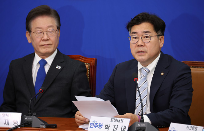 ▲더불어민주당 박찬대 원내대표가 7일 국회에서 열린 최고위원회의에서 발언을 하고 있다. (연합뉴스)