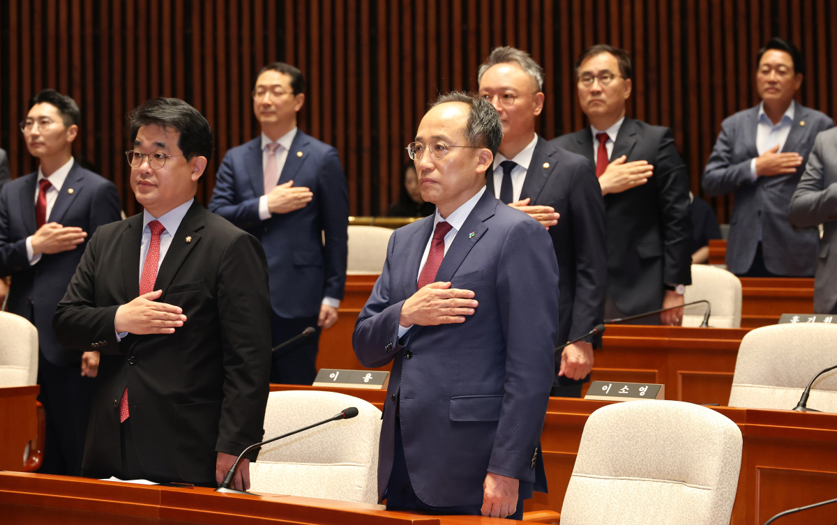 ▲국민의힘 추경호 원내대표(앞줄 가운데)와 참석한 의원들이 14일 오전 국회에서 열린 의회정치 원상복구 의원총회에서 국기에 경례하고 있다. (연합뉴스)