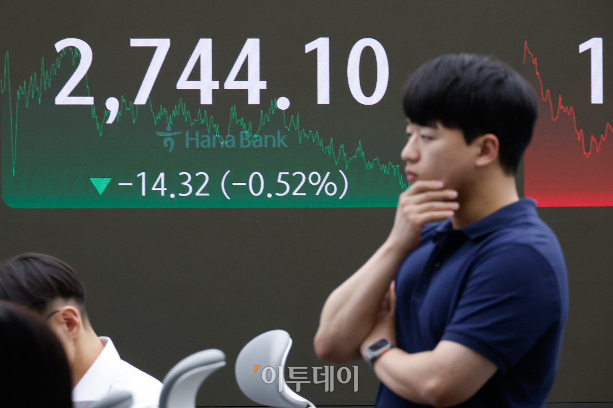 ▲코스피가 2740선으로 하락 마감한 17일 서울 중구 하나은행 딜링룸 전광판에 코스피가 표시되고 있다. 이날 코스피 지수는 전 거래일보다 14.32(0.52%)포인트 하락한 2744.10을 코스닥 지수는 3.23(0.37%)포인트를 나타냈다. 조현호 기자 hyunho@