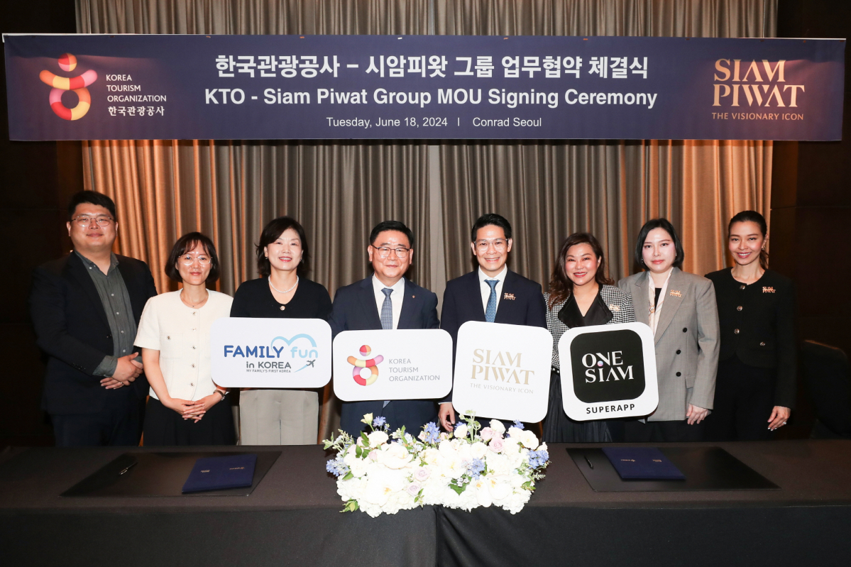 ▲사진 왼쪽부터 공사 아시아중동팀 장연재 차장, 아시아중동팀 안효원 팀장, 조희진 국제마케팅실장, 이학주 국제관광본부장, 시암피왓그룹 최고고객책임자 판텝 닐라신톱, 선임부사장 사란턴 앗사웻, 기업파트너십부문장 시리펀 아르타이윈유, 부사장 어라딧 사닛웡 (사진=한국관광공사)