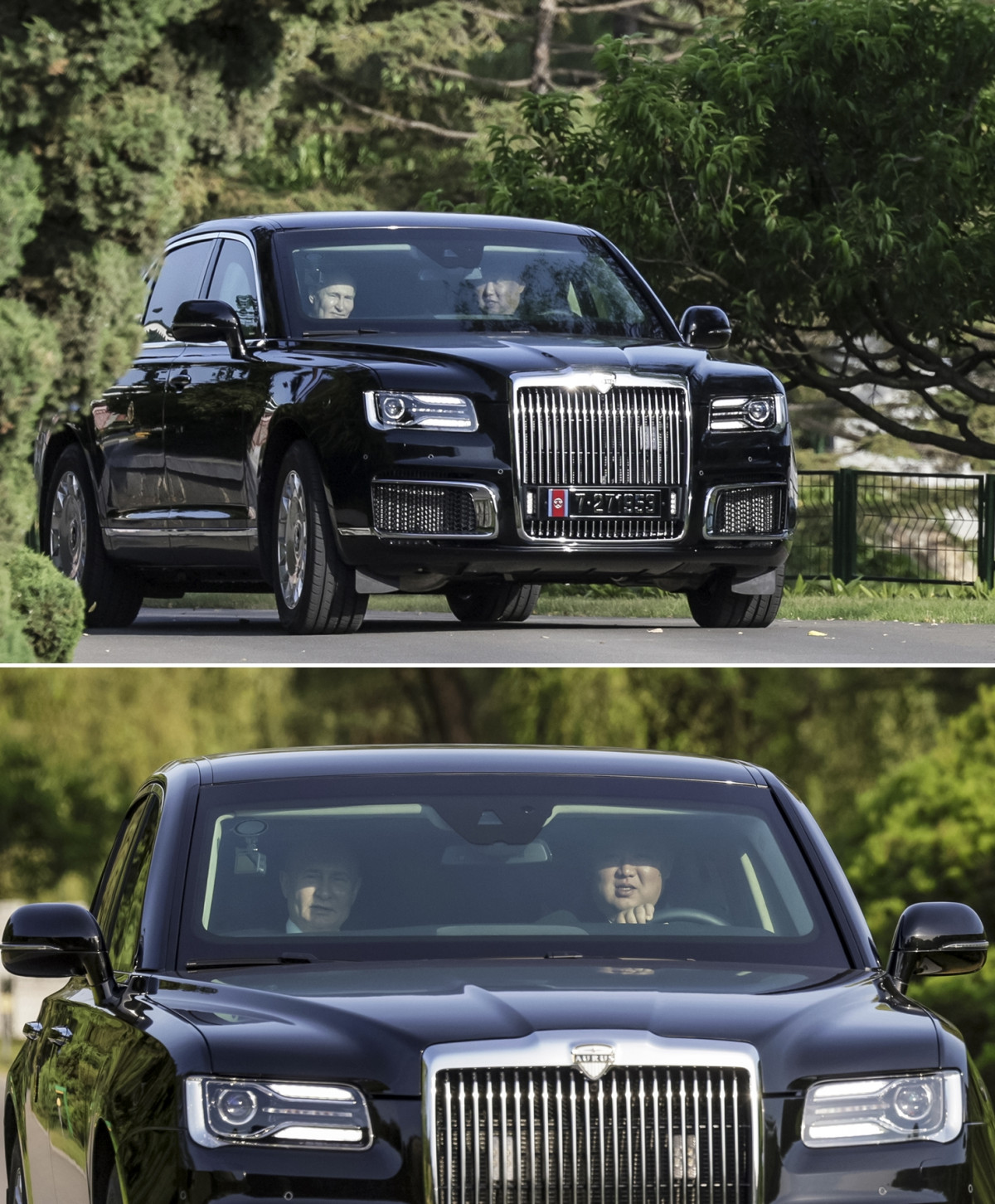 ▲동반석에 푸틴 러시아 대통령을 태운 김정은 국무위원장이 러시아 고급차 아우루스 세나트를 직접 운전하고 있다. 2월에 전달된 첫 번째 차는 차 길이를 늘린 리무진 버전. 이번 방북을 맞아 선물한 두 번째 차는 운전자 중심의 모델이다. 김정은 위원장이 직접 운전하는 모습이 공개된 것은 이번이 처음이다.  (AP뉴시스)