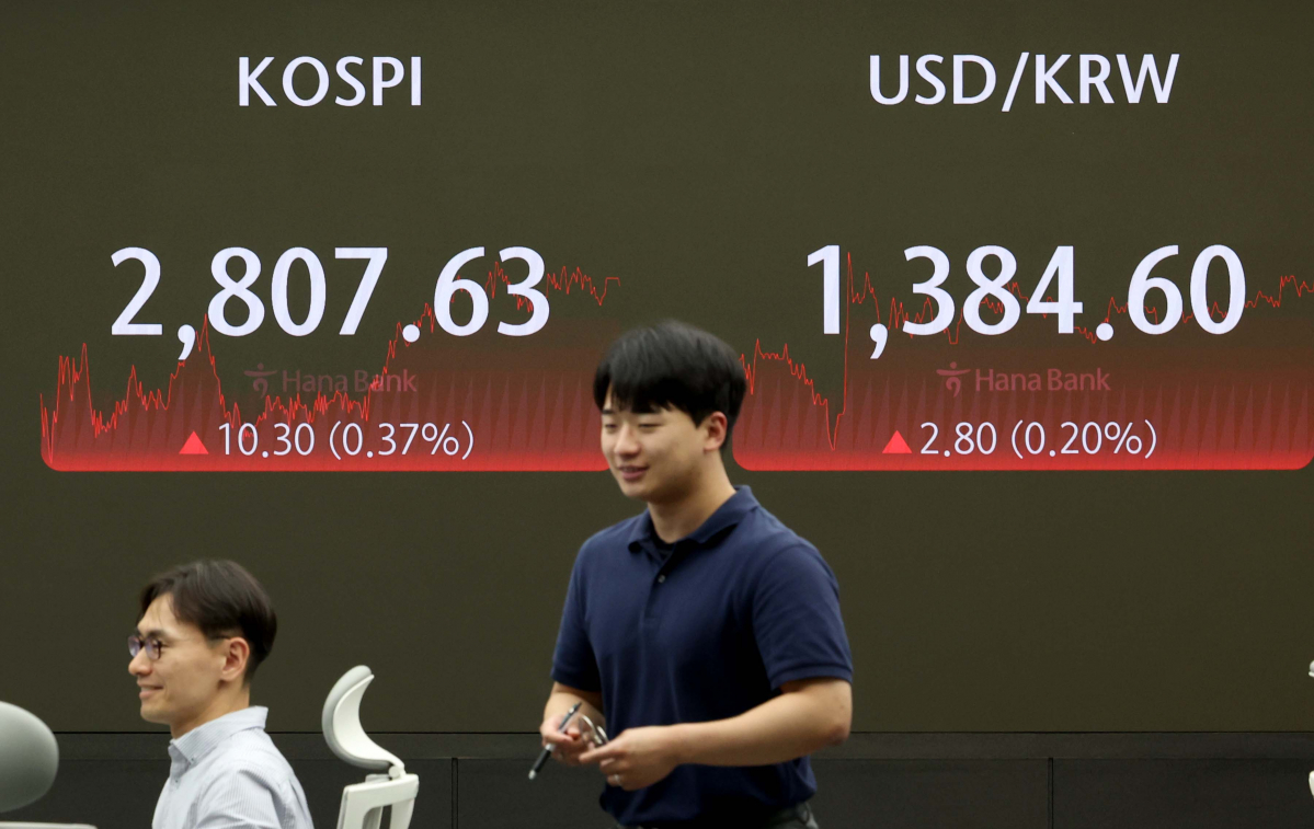 ▲코스피가 3거래일 연속 오름세를 나타내며 2년 5개월 만에 2800선을 회복한 20일 서울 중구 하나은행 딜링룸에서 직원들이 업무를 보고 있다. 이날 코스피는 전장보다 10.30포인트(0.37%) 상승한 2807.63에 장을 마쳤다. 지수는 전장보다 4.77포인트(0.17%) 오른 2802.10으로 출발해 장중 기준 2022년 1월 24일(2828.11) 이후 2년 5개월 만에 2800을 넘어섰다. 마감가로는 지난 2022년 1월 21일(2834.29) 이후 최고치다. 신태현 기자 holjjak@