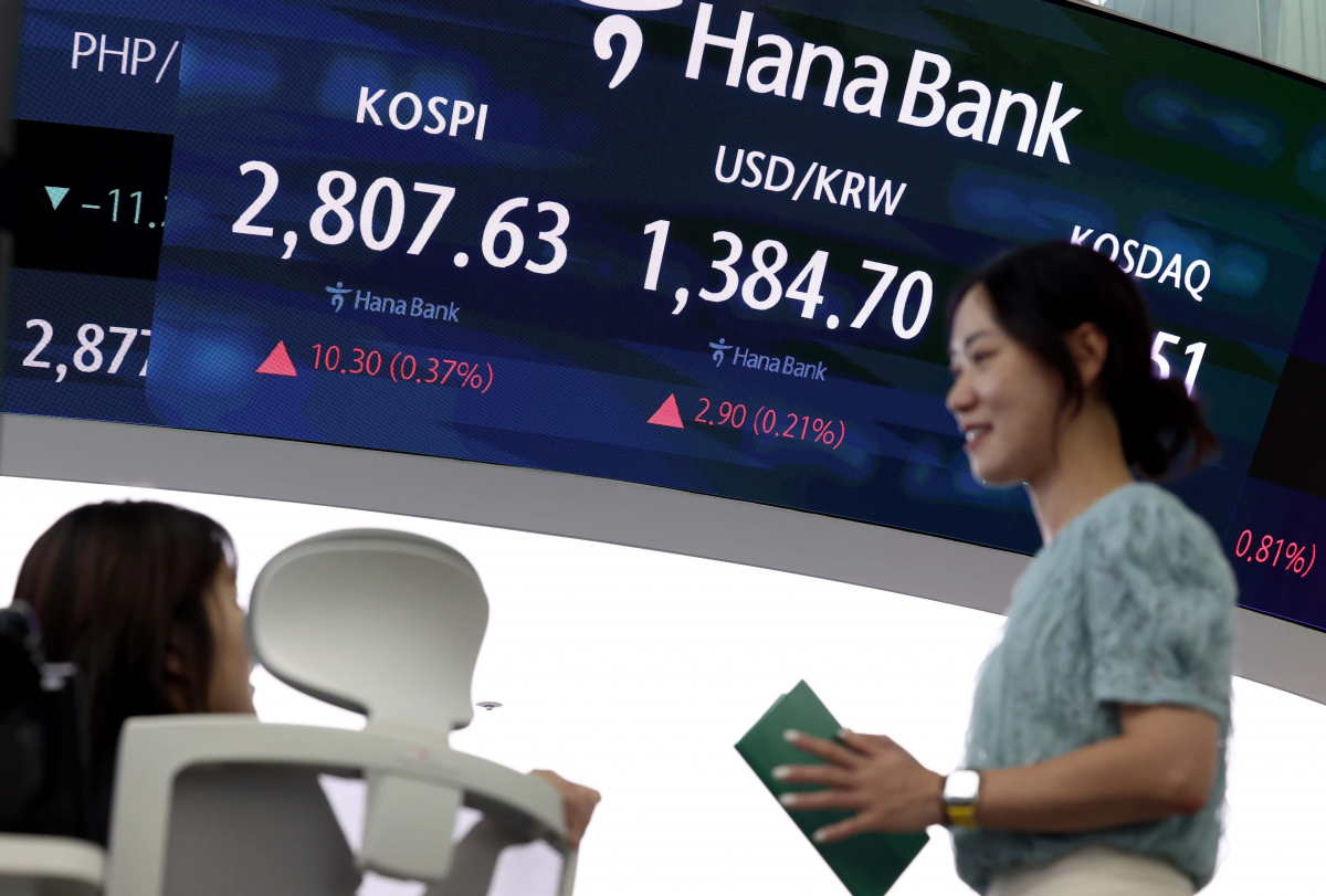 ▲코스피가 3거래일 연속 오름세를 나타내며 2년 5개월 만에 2800선을 회복한 20일 서울 중구 하나은행 딜링룸에서 직원들이 업무를 보고 있다. 이날 코스피는 전장보다 10.30포인트(0.37%) 상승한 2807.63에 장을 마쳤다. 지수는 전장보다 4.77포인트(0.17%) 오른 2802.10으로 출발해 장중 기준 2022년 1월 24일(2828.11) 이후 2년 5개월 만에 2800을 넘어섰다. 마감가로는 지난 2022년 1월 21일(2834.29) 이후 최고치다. 신태현 기자 holjjak@