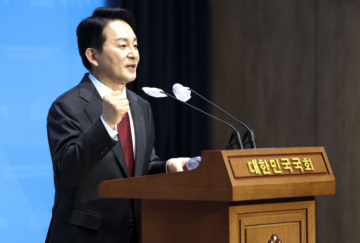 ▲원희룡 전 국토교통부 장관이 23일 오후 서울 여의도 소통관에서 열린 당대표 출마선언 기자회견에서 출마선언을 하고 있다.  (뉴시스)