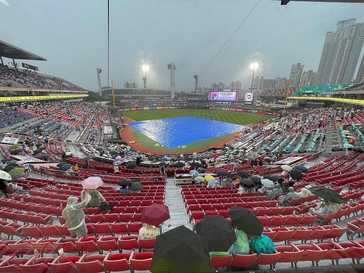 ▲29일 수원 케이티위즈파크에서 열린 프로야구 2024 신한 SOL뱅크 KBO리그 삼성 라이온즈와 kt wiz의 경기. 장맛비가 내려 그라운드에 방수포가 깔려 있다.이날 경기는 우천으로 취소됐다. (연합뉴스)