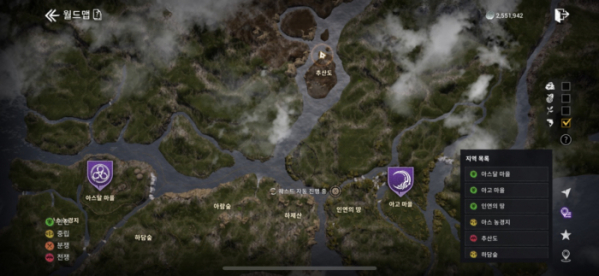 ▲지도에 표시된 '추산도'는 레벨 30부터 들어갈 수 있는 전쟁 지역으로, PvP가 일어나는 곳이다. (출처='아스달 연대기' 화면 캡처)