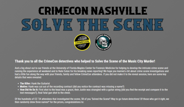 ▲실제 범죄 수사를 체험할 수 있는 행사 크라임콘(Crimecon) 홈페이지에 “수사를 도와준 형사님들에게 감사하다”는 인사가 적혀있다. 출처 크라임콘