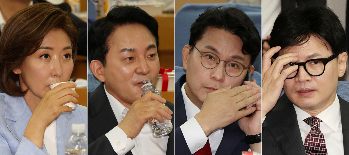 ▲국민의힘 당대표 출마 선언을 한 나경원 의원(사진 왼쪽부터), 원희룡 전 국토부 장관, 윤상현 의원, 한동훈 전 비상대책위원장이 24일 오전 국회에서 열린 국민의힘 초선의원 공부모임에 참석해 자리하고 있다. (연합뉴스)