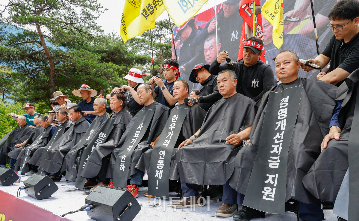 ▲전국한우협회가 3일 서울 영등포구 국회의사당역 앞에서 열린 전국 한우농가 한우 산업 안정화 촉구 한우 반납 투쟁에서 삭발식을 하고 있다. 이들은 지속가능한 한우산업을 위한 지원법(한우법) 제정과 한우암소 2만두 긴급 격리, 사료가격 즉시 인하, 사료구매자금 상환기한 2년 연장 및 분할상환, 긴급 경영안정자금 지원 등을 요구했다. 조현호 기자 hyunho@