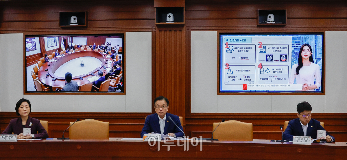 ▲최상목 경제부총리 겸 기획재정부 장관과 관계부처 장·차관들이 10일 서울 종로구 정부서울청사에서 열린 경제장관회의에서 AI 아나운서의 신산업 분야 규제혁신 및 현장에로 해소방안 발표를 듣고 있다. 왼쪽부터 오영주 중소벤처기업부 장관, 최 부총리, 진현환 국토교통부 제1차관. 조현호 기자 hyunho@