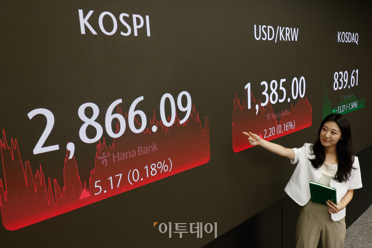 ▲16일 서울 중구 하나은행 딜링룸 전광판에 코스피, 코스닥, 원·달러 환율이 표시되고 있다. 조현호 기자 hyunho@