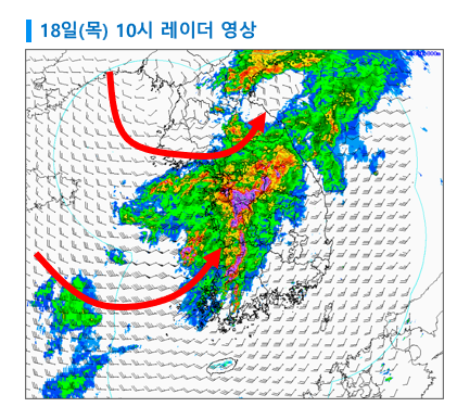 ▲이날 오전 10시 기준 우리나라에 비구름대가 관통하고 있는 레이더 모습. (자료제공=기상청)