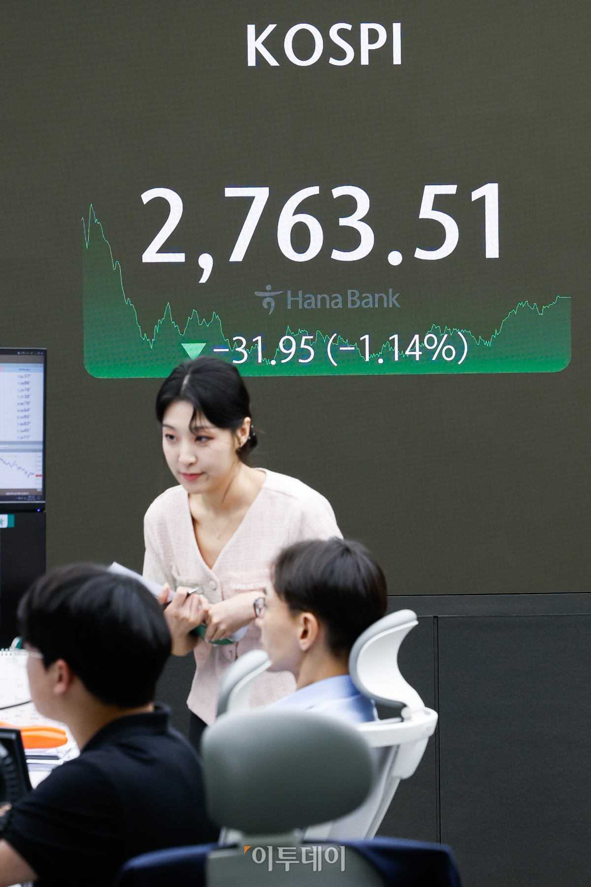 ▲코스피가 미국 조 바이든 대통령의 대선 후보직 사퇴 여파로 1% 넘게 하락한 22일 서울 중구 하나은행 딜링룸 전광판에 코스피가 표시되고 있다. 이날 코스피 지수는 전 거래일보다 31.95(1.14%)포인트 하락한 2763.51을 나타냈다. 조현호 기자 hyunho@