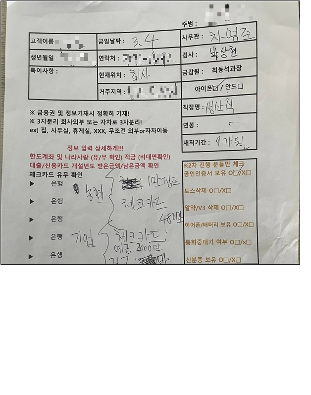 ▲보이스피싱 조직이 사용하는 보이스피싱 서류 양식 (사진제공=국정원)