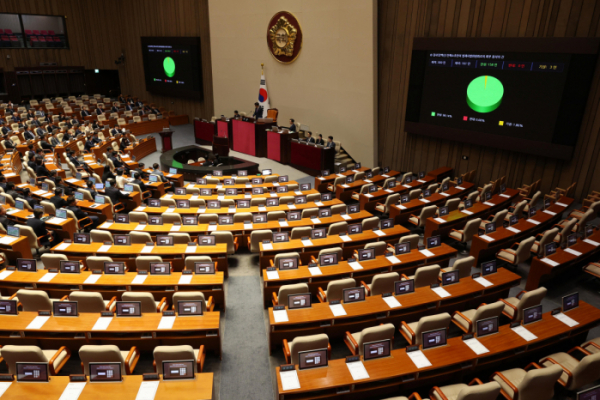 ▲2일 서울 여의도 국회에서 열린 본회의에서 검사(강백신) 탄핵소추안의 법제사법위원회로의 회부 동의의 건이 국민의힘 의원들이 불참한 채 가결되고 있다. 신태현 기자 holjjak@