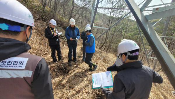 ▲한국전력이 여름철 집중호우에 대비해 전력 설비 안정화에 총력을 집중하는 가운데 사외 전문기관 관계자들이 철탑 특별진단을 벌이고 있다. (사진제공=한국전력)