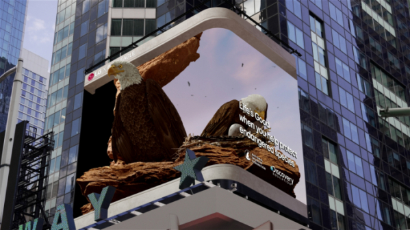 ▲LG전자가 1일(현지시간)부터 미국 뉴욕 타임스스퀘어 전광판에서 ‘LG와 함께하는 위기 동물 보호 캠페인’의 '흰머리수리' 영상을 상영하고 있다. (자료제공=LG전자)
