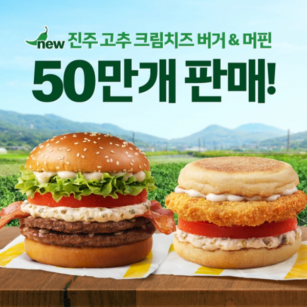 ▲맥도날드는 2024 ‘한국의 맛’ 프로젝트를 통해 선보인 신메뉴 ‘진주 고추 크림치즈 버거’와 ‘진주 고추 크림치즈 머핀’이 출시 6일 만에 50만개 판매를 돌파했다고 밝혔다. (사진제공=맥도날드)