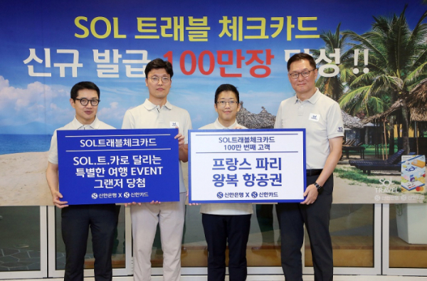 ▲지난 29일 신한은행 본점에서 진행된 ‘신한 SOL트래블 체크카드’ 발급 100만장 달성 기념행사에서 신한은행 이해창 외환본부장(오른쪽), 신한카드 장재영 멤버십본부장(왼쪽)이 100만번째 고객(오른쪽 두번째)및 ‘SOL.트.카로 달리는 특별한 여행 이벤트’ 당첨 고객(오른쪽 세번째)과 기념촬영하고 있다. (사진제공= 신한은행)