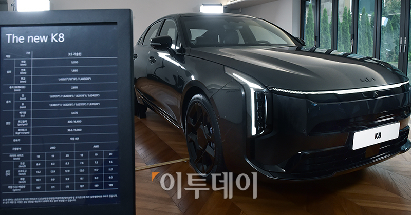 ▲기아 '더 뉴 K8 미디어데이'가 열린 8일 서울 강남구 앤헤이븐에서 신차가 공개되고 있다. 기아가 2021년 4월 출시 후 3년 만에 선보이는 더 뉴 K8은 더 고급스러워진 디자인에 첨단 운전자 보조 시스템(ADAS)을 기본화하는 등 상품성을 대폭 끌어올린 것이 특징이다. 고이란 기자 photoeran@