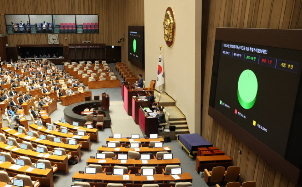 ▲2일 오후 국회 본회의에서 '전국민 25만원 지원법'(민생회복지원금 특별조치법)이 야당 단독으로 통과되고 있다. (연합뉴스)