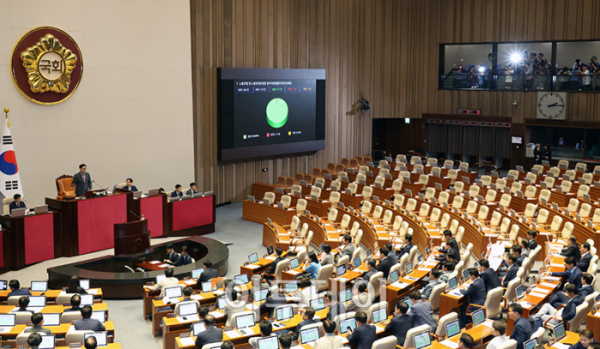 ▲8월 임시국회 첫날인 5일 서울 여의도 국회에서 열린 본회의에서 야당이 단독으로 일명 '노란봉투법(노동조합 및 노동관계조정법 일부개정법률안)'을 의결하고 있다. 이날 국민의힘은 표결에 불참했으며 윤석열 대통령에게 재의요구권(거부권) 행사를 건의하겠다고 밝혔다. 고이란 기자 photoeran@