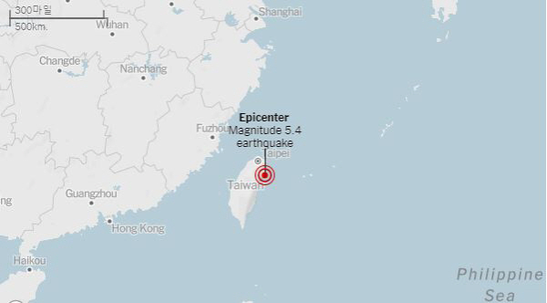 ▲대만에서 15일 일어난 규모 5.4 지진 진원. 이튿날 오전에도 규모 6.3 지진이 동부해역 해저에서 발생했다. 출처 미국 지질조사국(USGS)