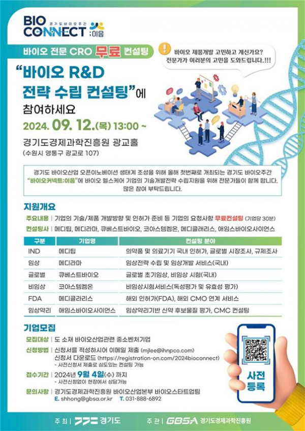 ▲경기도경제과학진흥원(이하 경과원)이 ‘바이오 R&D 전략 수립 컨설팅’ 지원사업에 참여할 도내 바이오 기업을 모집한다. (경기도경제과학진흥원)