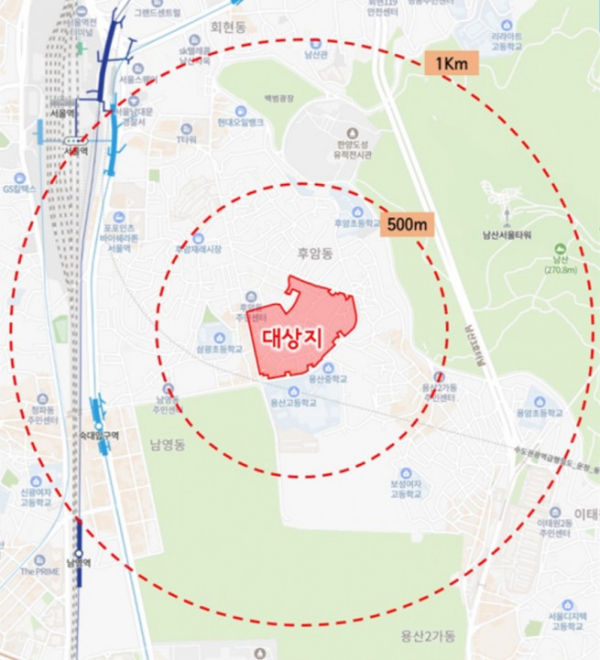 ▲신속통합기획 재개발 후보지로 선정된 서울시 용산구 후암동 264-11 일대(가칭 동후암3구역) 위치도. (사진제공=서울시)