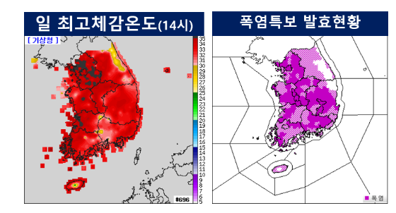 ▲11일 오후 2시 기준 기상청이 발표한 일 최고체감온도와 폭염특보 발효현황. (자료제공=기상청)