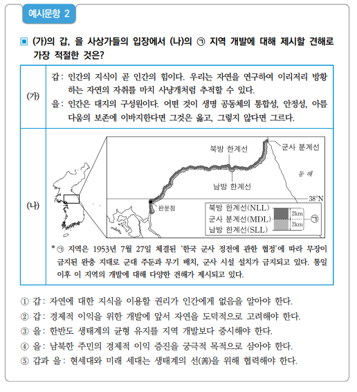 ▲이 문항은 비무장 지대(DMZ)가 남북 분단의 역사적 상황이 드러나는 공간임을 이해하고, 자연에 대한 인간의 다양한 관점을 비교하여 각 사상가의 입장에서 인간과 자연의 바람직한 관계를 파악할 수 있는지를 확인하는 문항이다. 정답은 3번. (교육부)