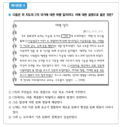 ▲이 문항은 가상의 여행 일지에 나타난 특정 문화권의 자연환경과 인문환경을 이해하고, 해당 문화권의 종교 및 건축 양식에 관한 사례를 통해 문화 변동의 요인 및 양상과 관련된 개념을 파악할 수 있는지를 평가하는 문항이다. 정답은 4번. (교육부)