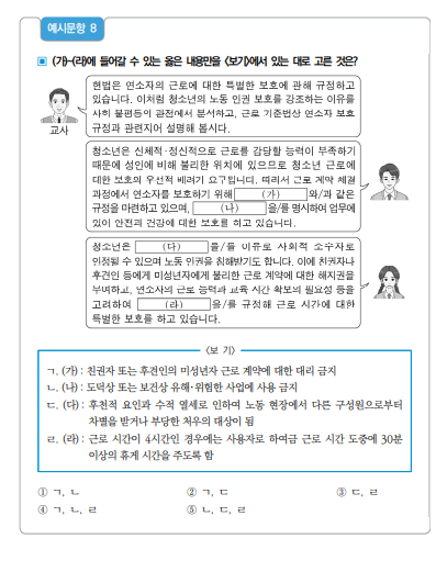 ▲이 문항은 사회적 소수자 차별 문제로서 청소년 노동권 침해 문제를 인식하고, 사회적 소수자의 의미와 성립 요건, 사회적 소수자 문제의 해결 방안을 파악하도록 함. 청소년의 노동 인권 보장을 위해 마련된 제도적 장치를 이해하고, 근로 기준법상 연소자 보호 규정에 대해 분석할 수 있는 능력을 확인하는 문항이다. 정답은 1번. (교육부)