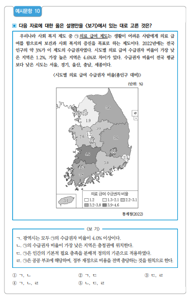 ▲이 문항은 정의로운 사회를 만들기 위한 정의의 실질적 기준을 사회 복지 제도의 재분배 원칙에 적용해 보고, 구체적인 사회 및 공간 불평등 현상의 사례에 적용할 수 있는지를 확인하는 문항이다. 정답은 5번. (교육부)