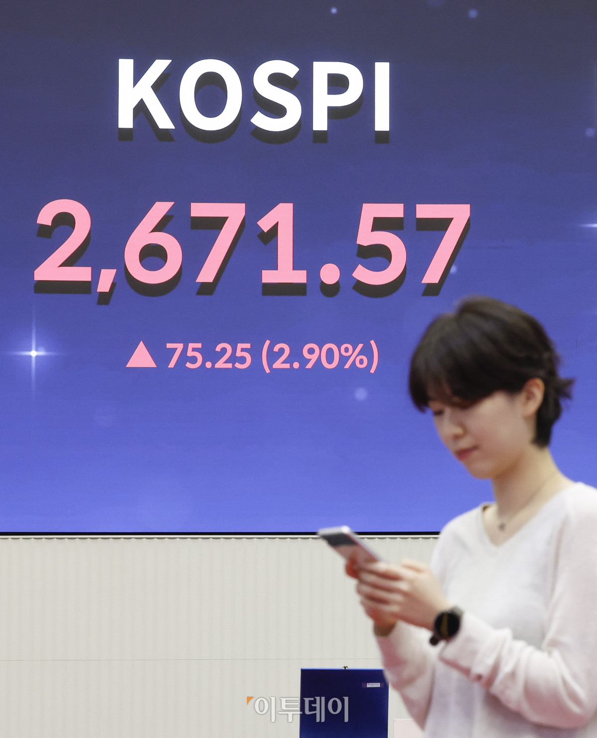 ▲코스피가 미국 마이크론테크놀로지의 호실적 등 영향으로 외국인의 매수세에 힙입어 2670대로 상승 마감한 26일 서울 영등포구 한국거래소(KRX) 서울사무소 전광판에 코스피, 코스닥 지수가 나타나고 있다. 이날 코스피 지수는 전 거래일보다 75.25(2.90%) 오른 2671.57을 나타냈다. 조현호 기자 hyunho@