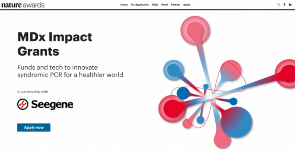 ▲씨젠이 스프링거 네이처(Springer Nature)와 공동 진행하는 진단시약 개발 글로벌 공개모집 프로젝트 ‘네이처 어워즈 MDx 임팩트 그랜트’ 사이트 메인 페이지. (사진제공=스프링거 네이처)