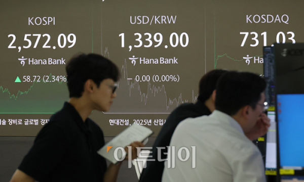 ▲ 12일 서울 중구 하나은행 딜링룸 전광판에 코스피 지수가 전 거래일보다 58.72포인트(2.34%) 오른 2572.09를 나타내고 있다. (고이란 기자 photoeran@)