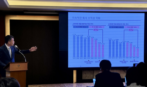 ▲김광일 MBK파트너스 부회장이 19일 서울 소공동 롯데호텔에서 열린 기자간담회에서 발표하고 있다. (이동욱 기자 toto@)